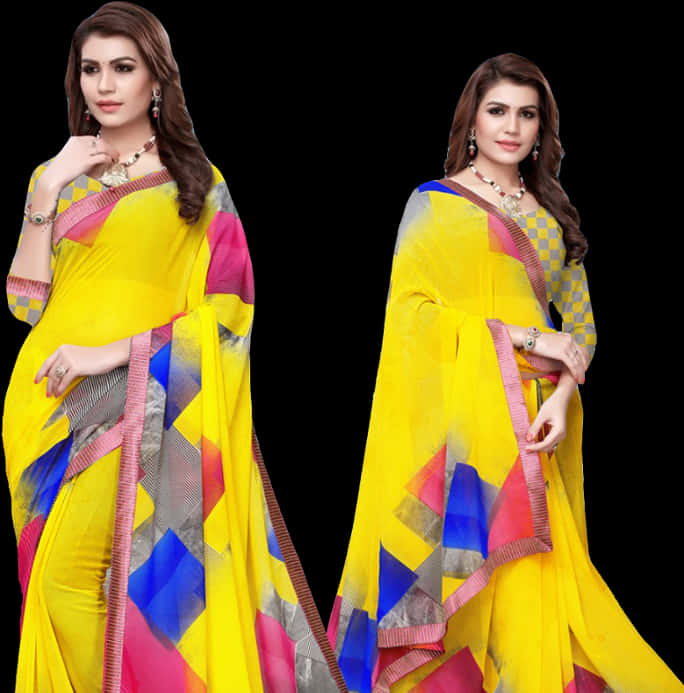 Vibrant Yellow Saree Model Dual Pose