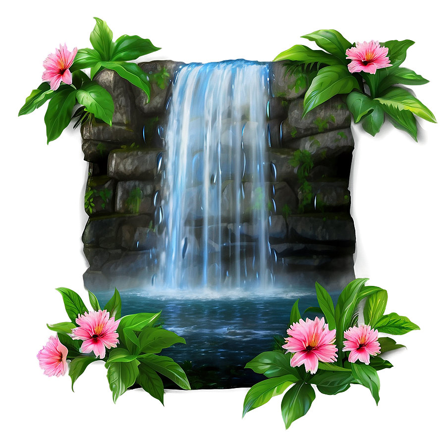 Waterfall And Blooming Flowers Png Pri