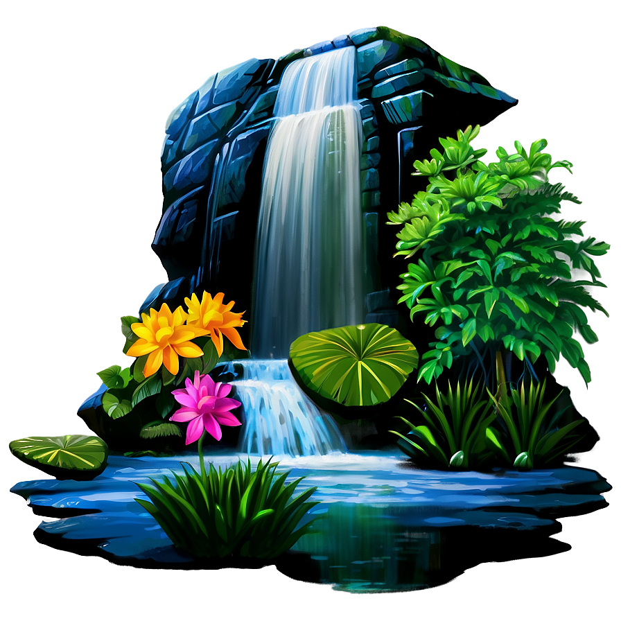 Waterfall And Blooming Flowers Png Vyy1