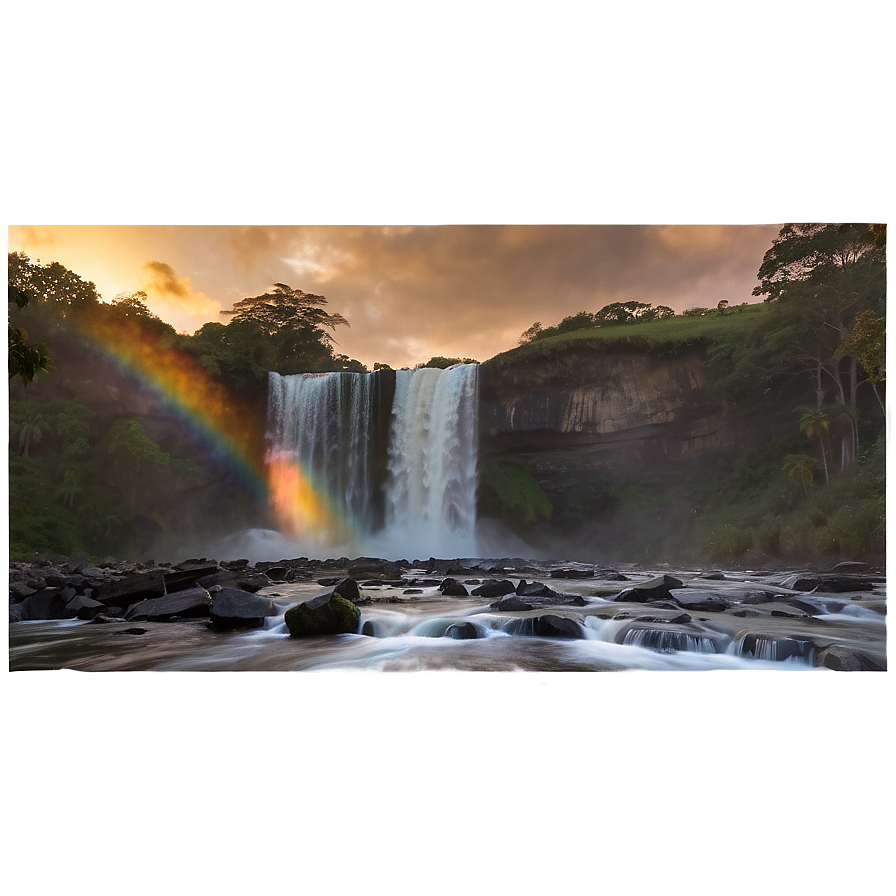 Waterfall And Rainbow At Sunset Png 05212024