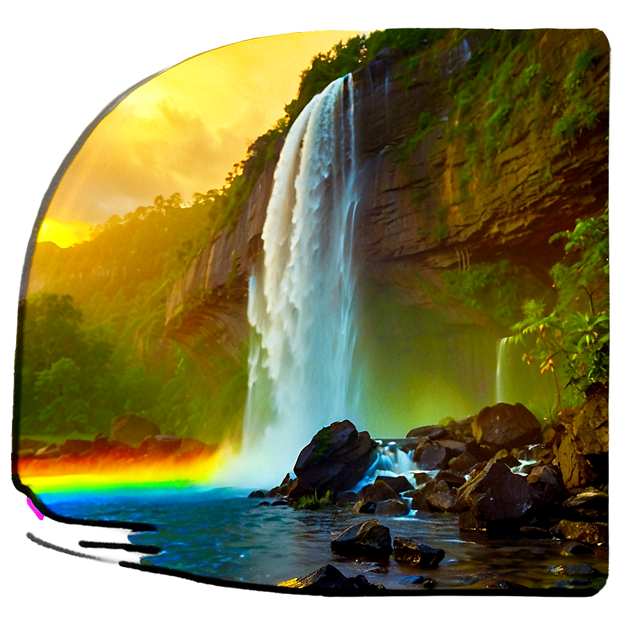 Waterfall And Rainbow At Sunset Png Cti88