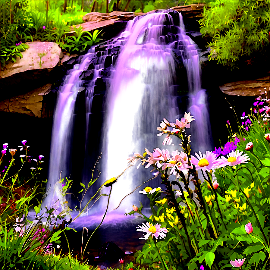 Waterfall In Bloom With Wildflowers Png Txa