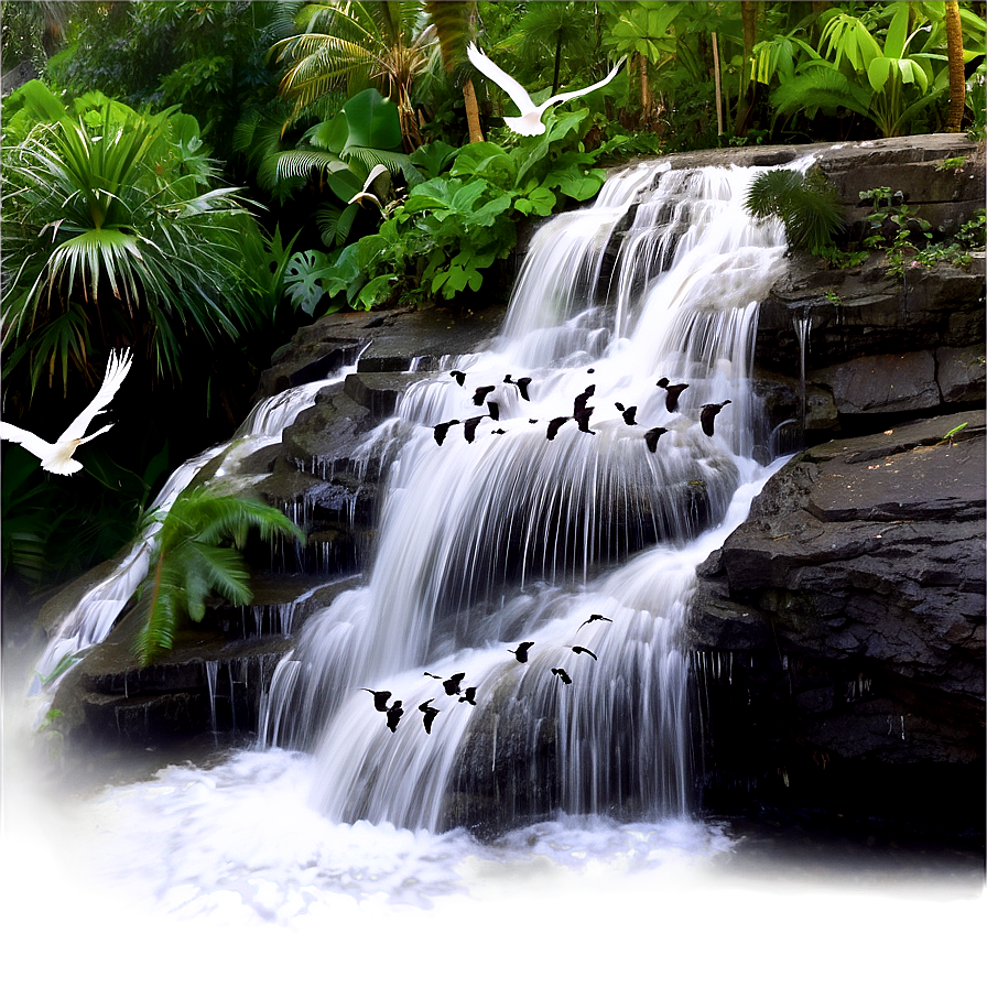 Waterfall With Birds Flying Over Png 38