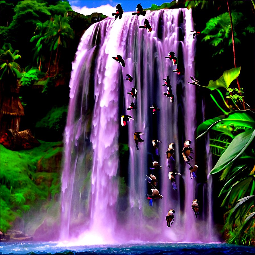 Waterfall With Birds Flying Over Png Grd64