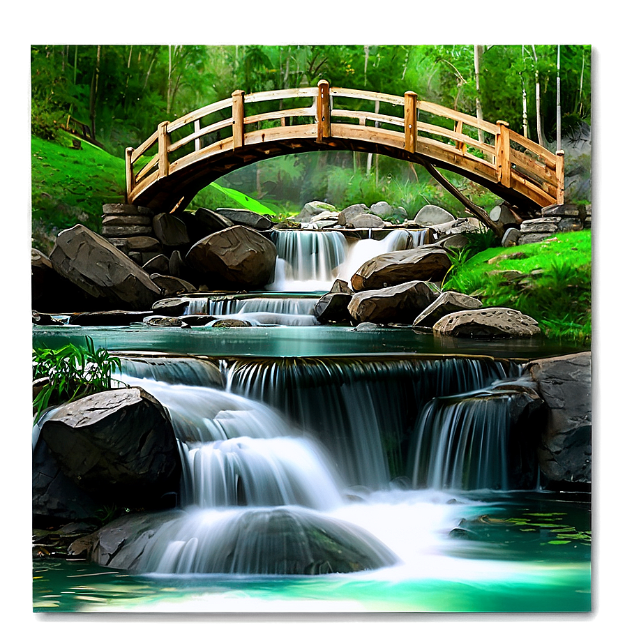 Waterfall With Wooden Bridge Png Yno54