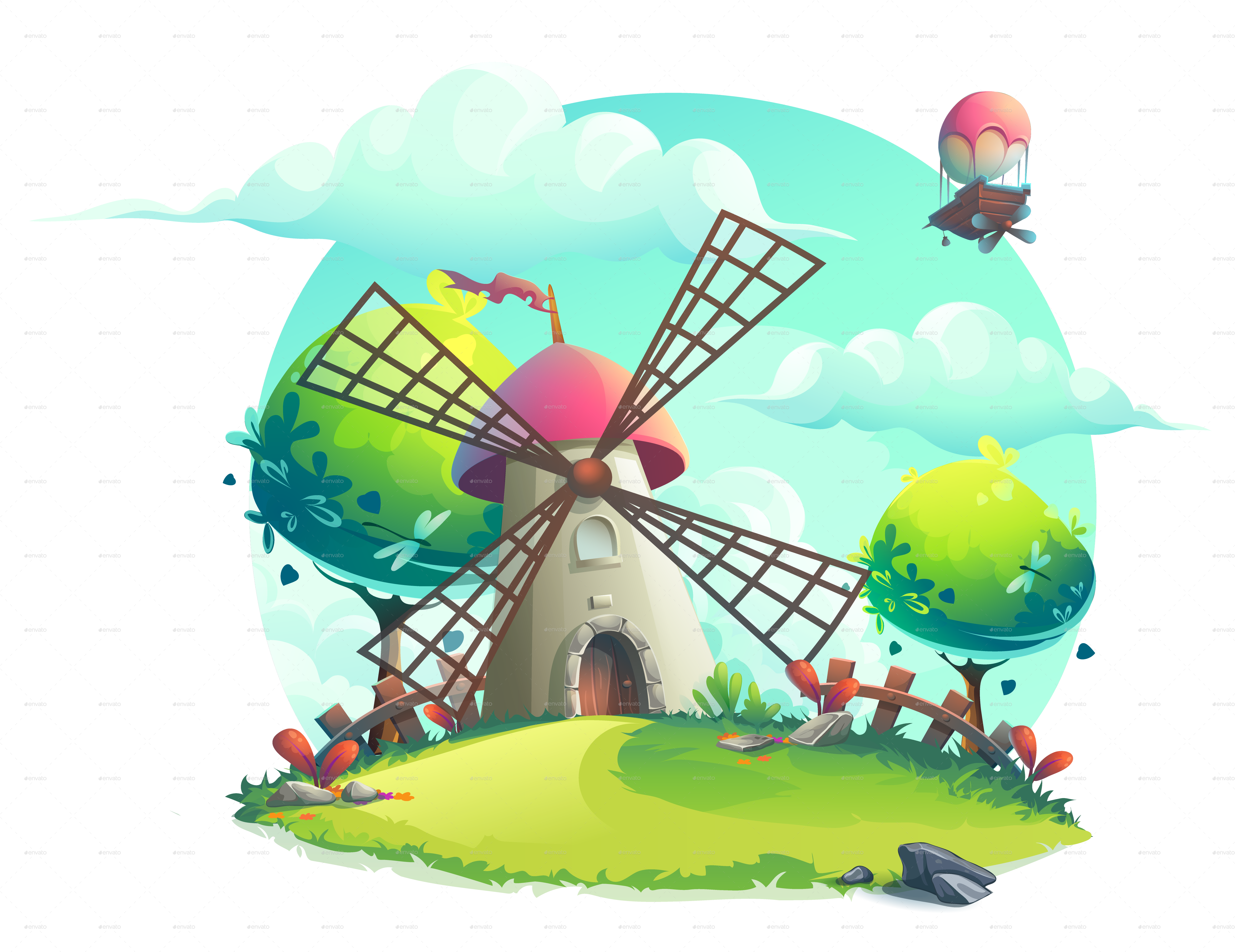 Whimsical Windmill Sky Scene