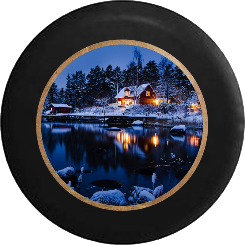 Winter Lakeside Cabin Night Scene