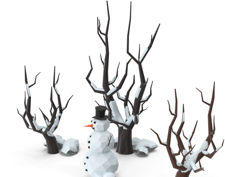 Winter Snow_ Snowman Among Bare Trees.png