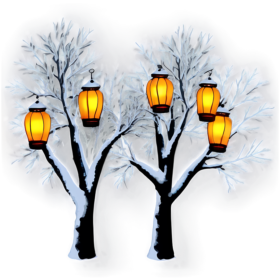 Winter Trees With Glowing Lanterns Png Yti