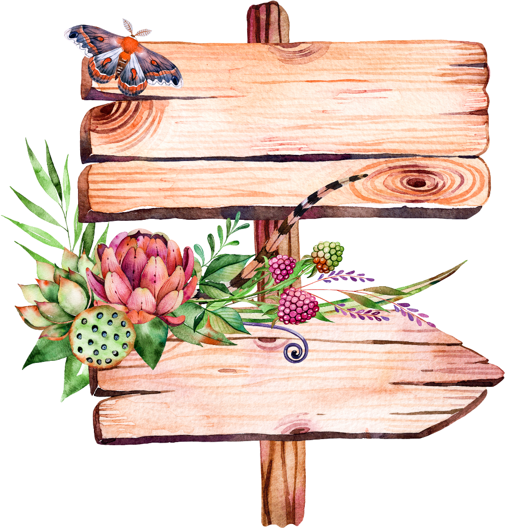 Wooden Direction Signwith Flowersand Butterfly