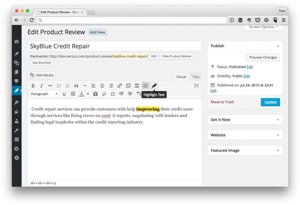 Word Press Credit Repair Product Review Editor Screenshot