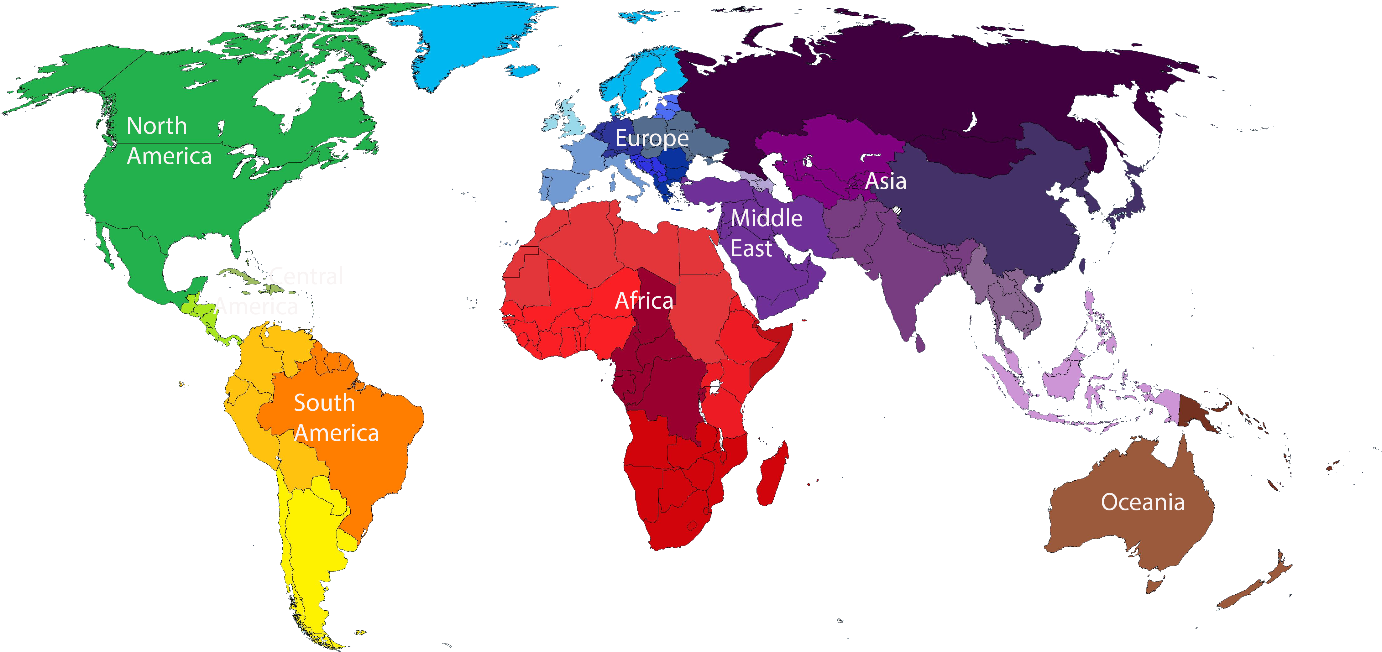 World Map Continents Color Coded