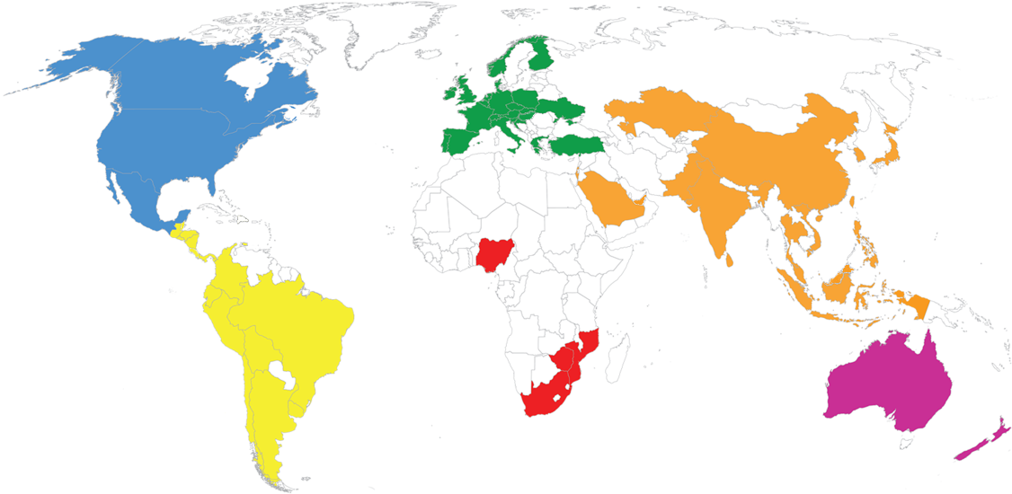 World Map Differentiated Regions Color Coded
