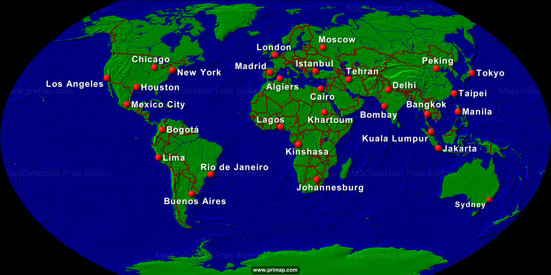 World Map Major Cities Night View