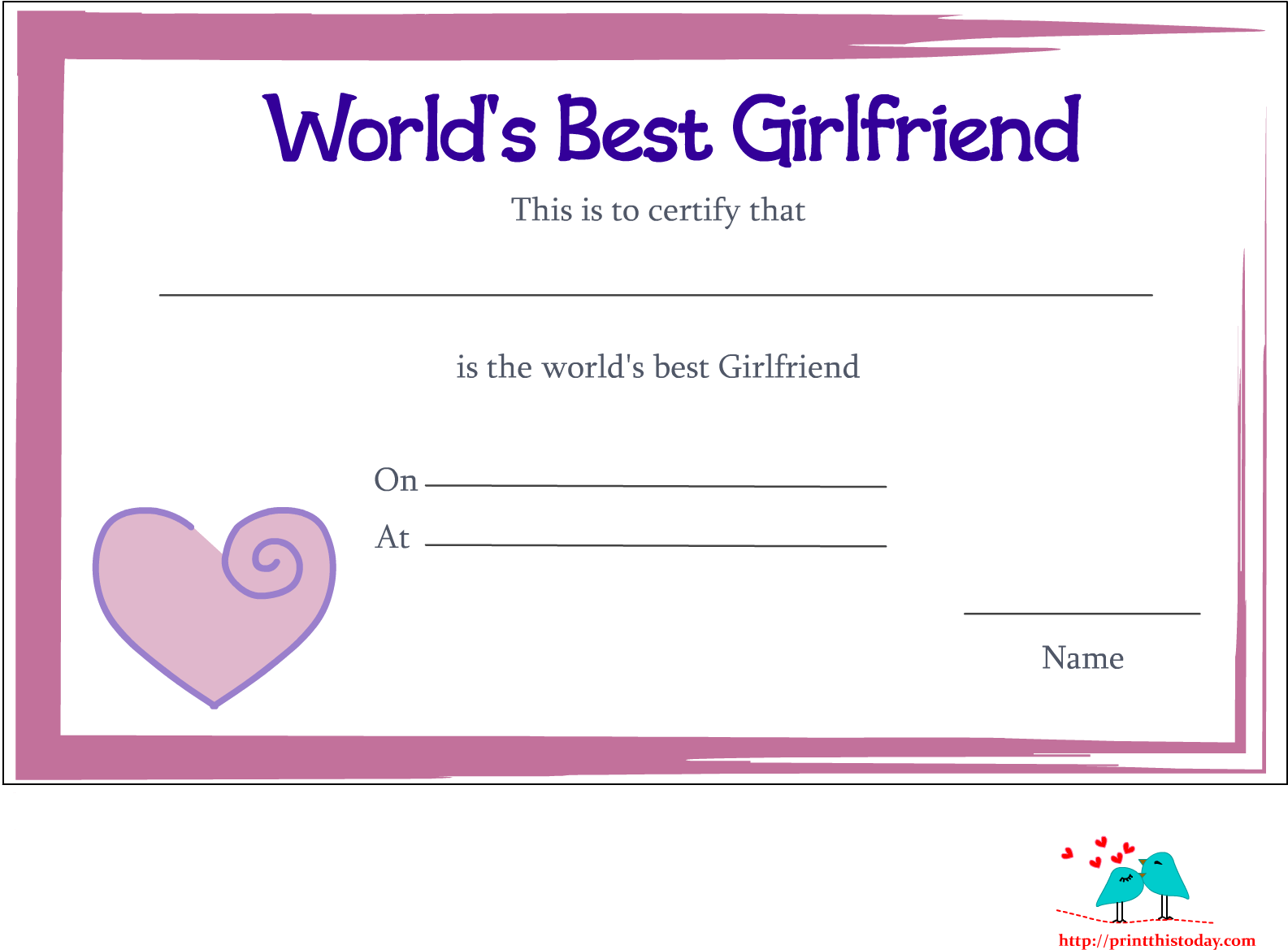 Worlds Best Girlfriend Certificate Template