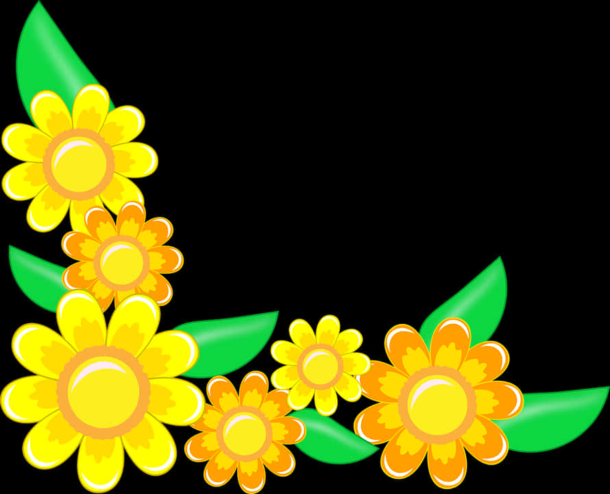 Yellow Flowers Green Leaves Black Background