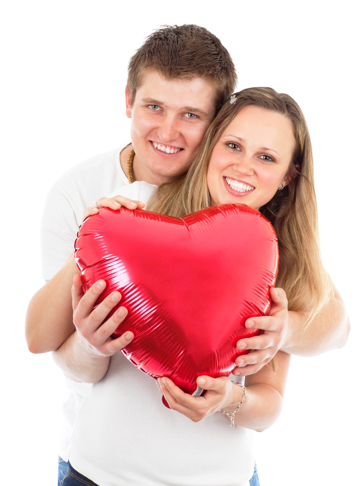 Young Couple Holding Red Heart Balloon