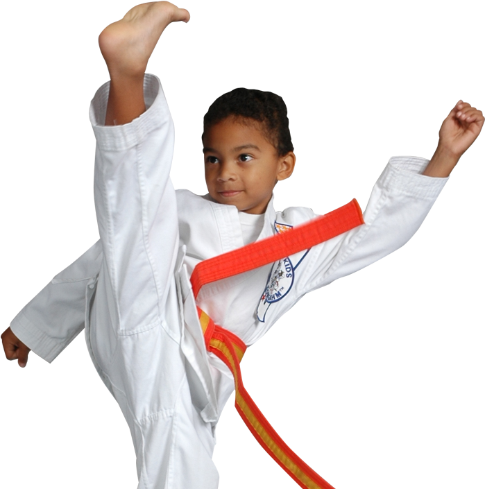 Young Karate Kid Performing High Kick