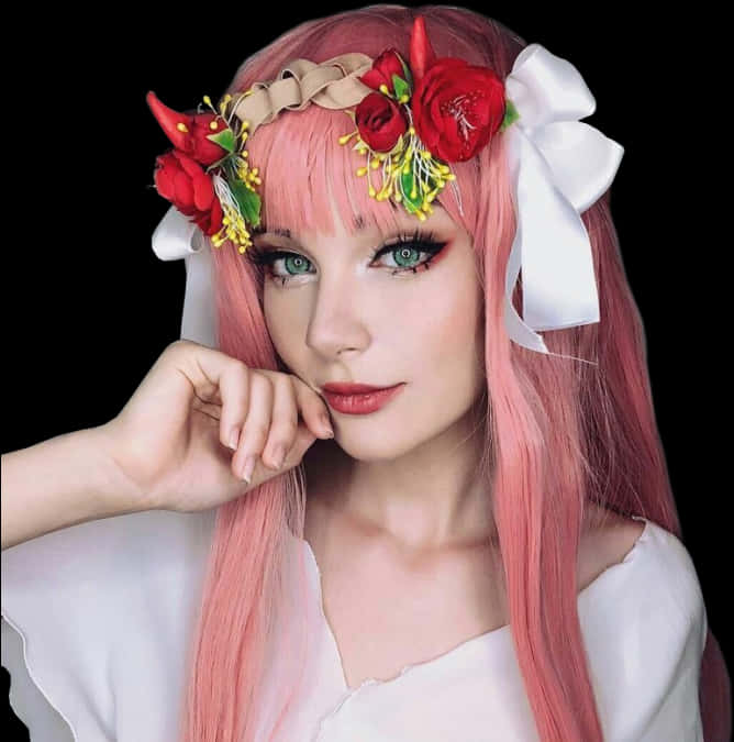 Zero Two Cosplaywith Floral Headpiece