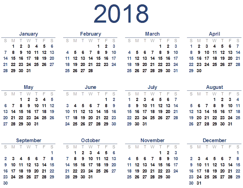 2018 Calendar Overview PNG image