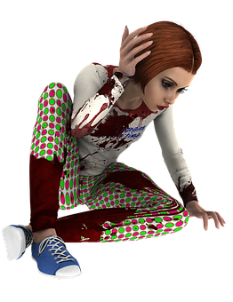 3 D Rendered Woman Sitting Bloodied Clothes PNG image