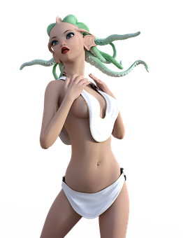 A Cartoon Of A Woman With A Green Hair And A White Garment PNG image