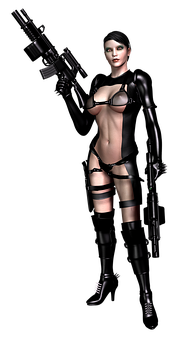 A Woman In A Black Outfit Holding A Gun PNG image