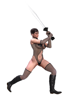 A Woman In A Bodysuit Holding A Sword PNG image