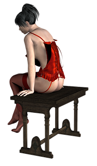 A Woman In A Red Lingerie Sitting On A Table PNG image