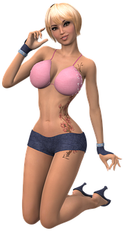 A Woman Wearing A Pink Garment And Blue Shorts PNG image