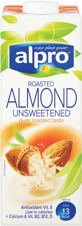 Alpro Unsweetened Roasted Almond Milk Packaging PNG image