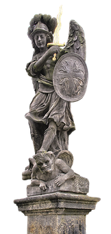 Ancient Warrior Statuewith Shieldand Flame PNG image