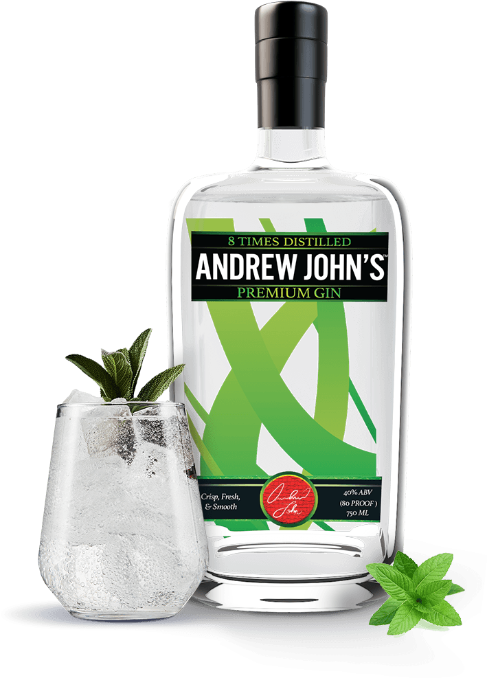 Andrew Johns Premium Gin Bottleand Glass PNG image