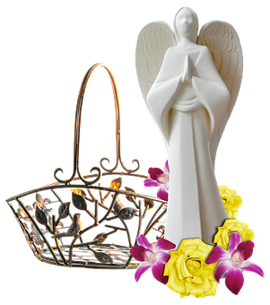 Angel Figurineand Decorative Basket PNG image