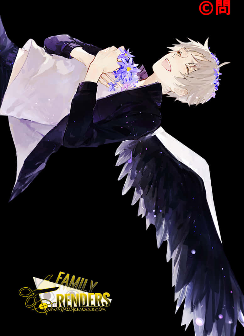 Animated Angel Boywith Blue Flowers PNG image