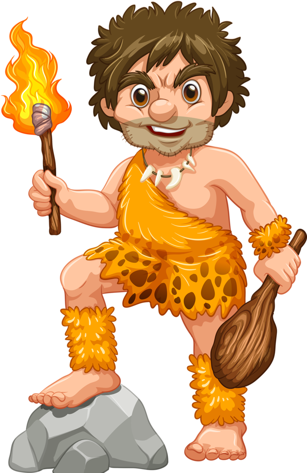 Animated Caveman With Torchand Club PNG image