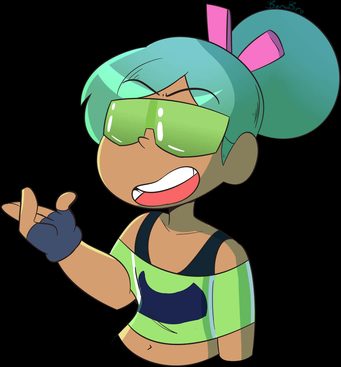 Animated Character Green Hair Pink Bows PNG image