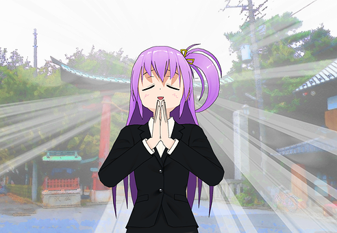 Animated Character Praying Purple Hair PNG image