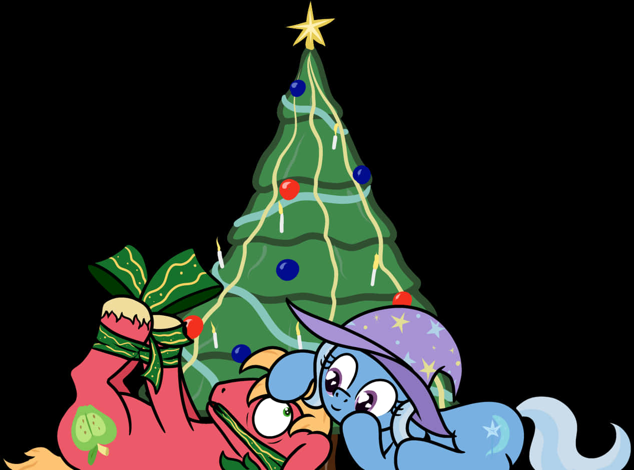 Animated Characters Decorating Christmas Tree PNG image