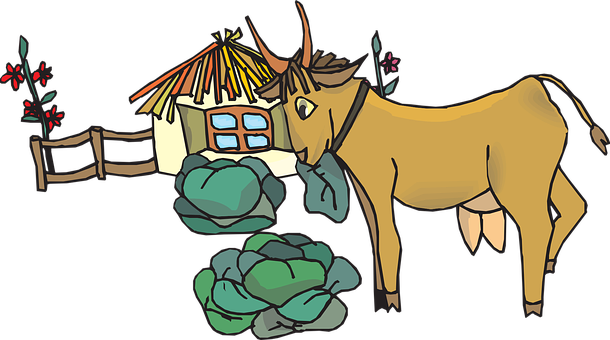 Animated Cowand Thatched Cottage PNG image