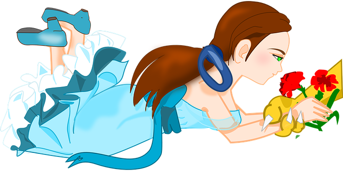 Animated Girlwith Flowersand Blue Dress PNG image