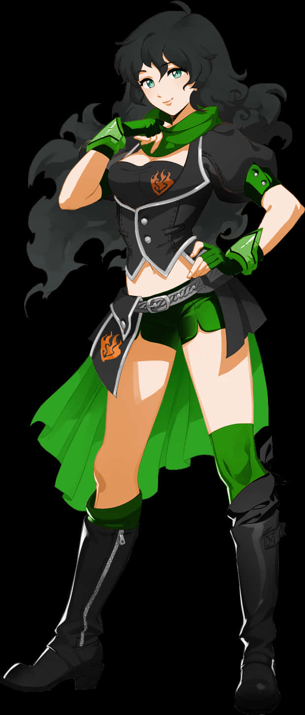 Animated Girlwith Long Black Hairand Green Outfit PNG image