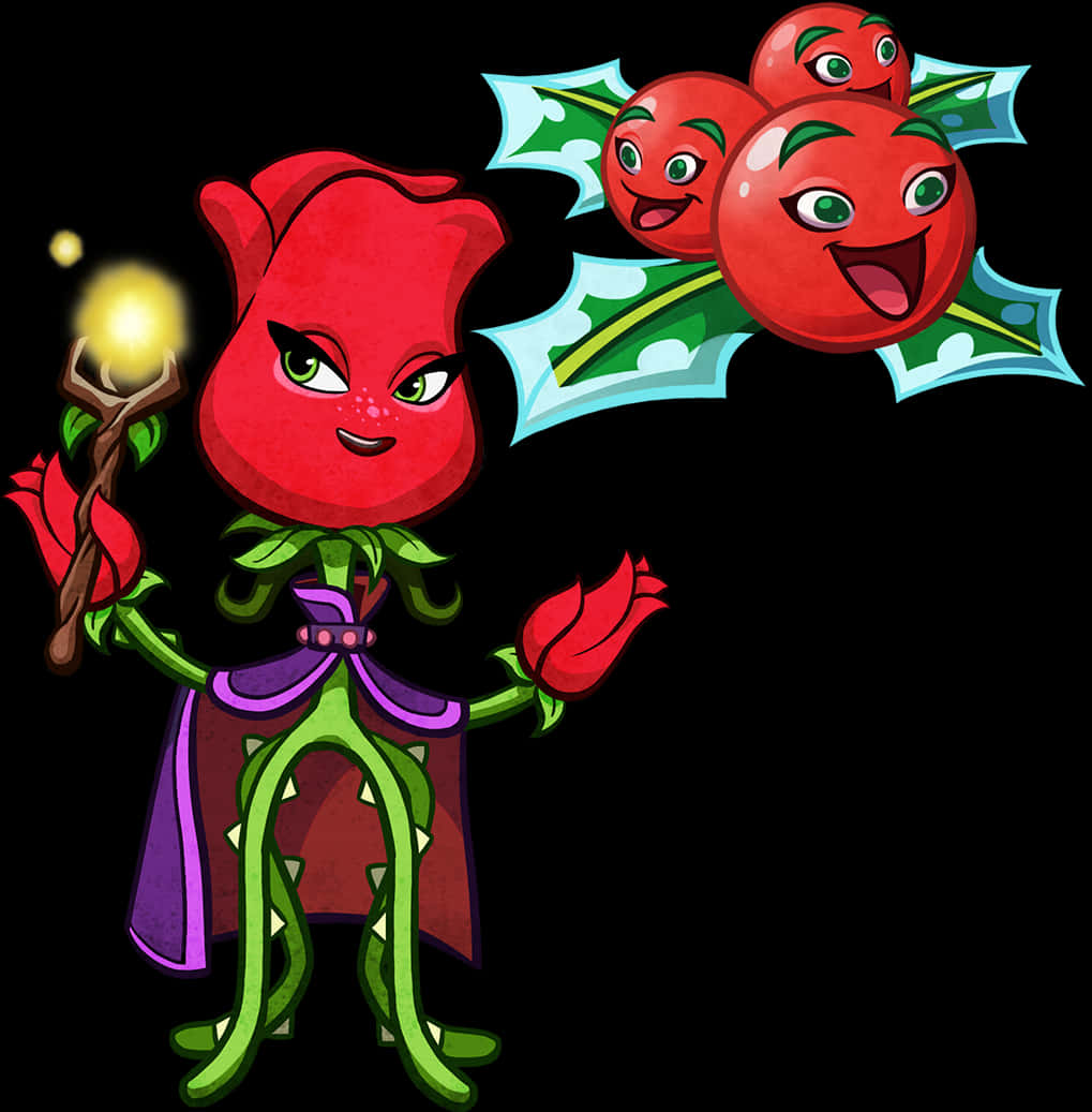 Animated Plant Characters Holding Items PNG image