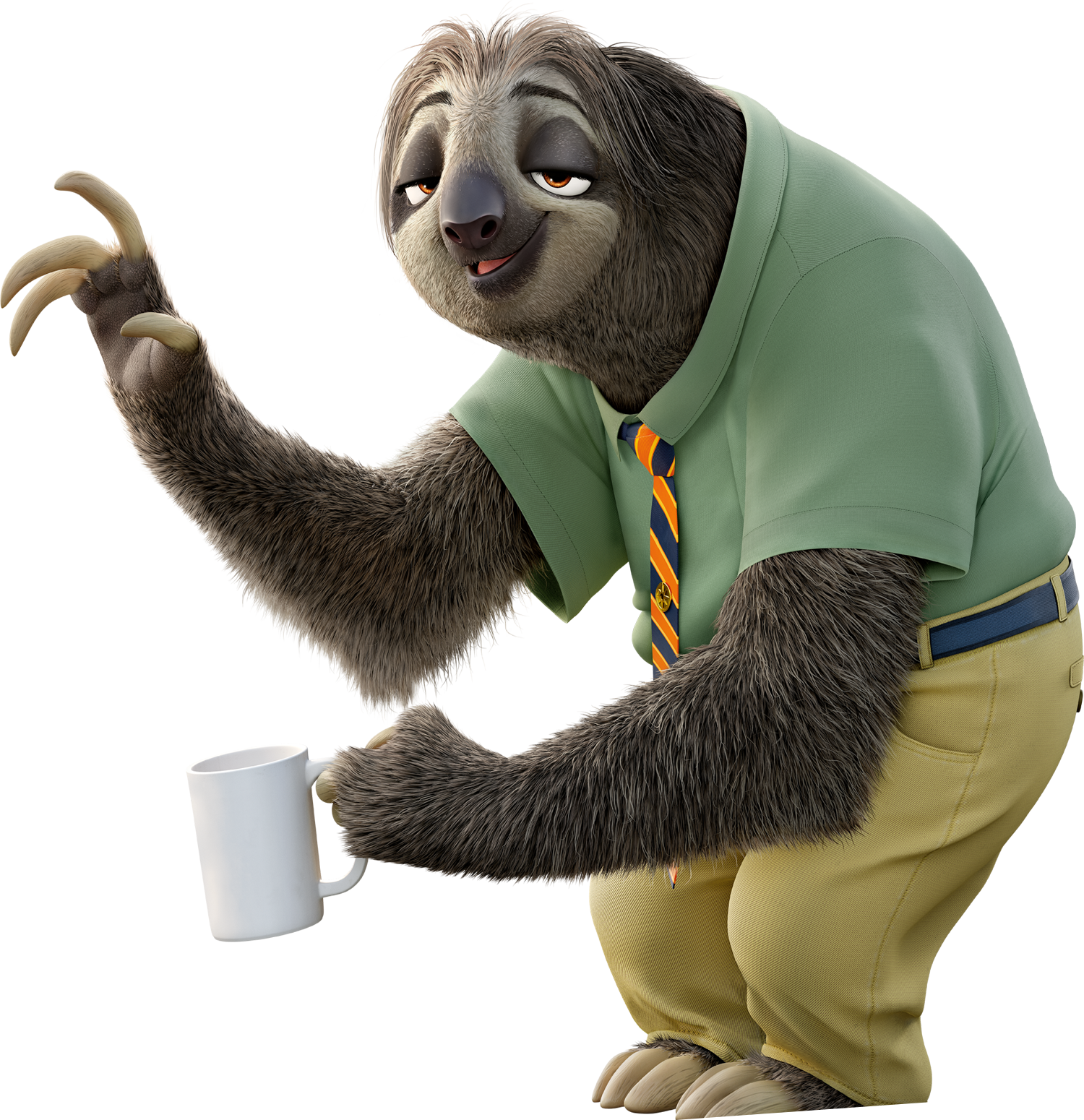 Animated Sloth Character Holding Mug PNG image