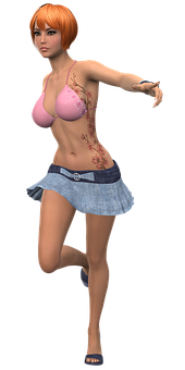 Animated Woman Pink Top Denim Skirt PNG image