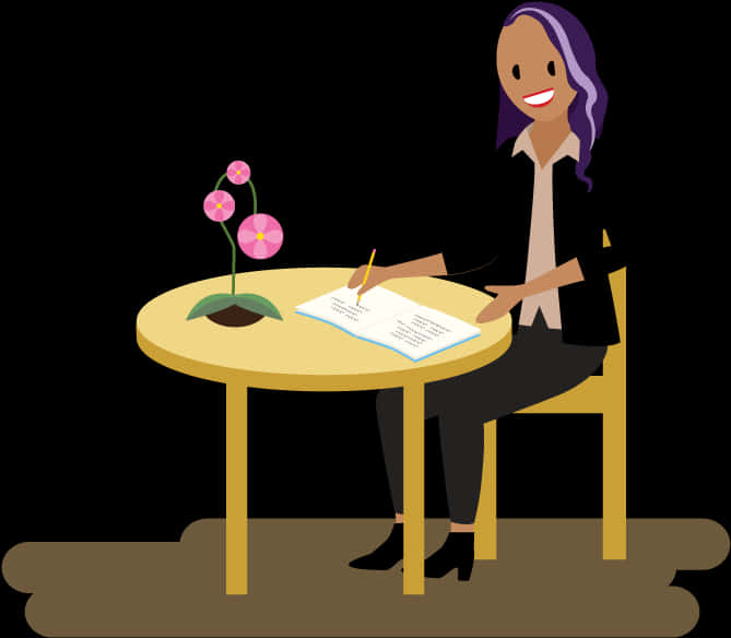 Animated Woman Writingat Desk PNG image