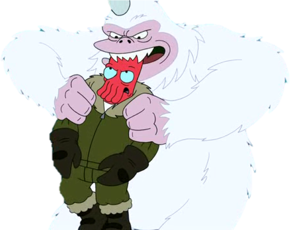 Animated Yeti Character Holding Red Mask PNG image