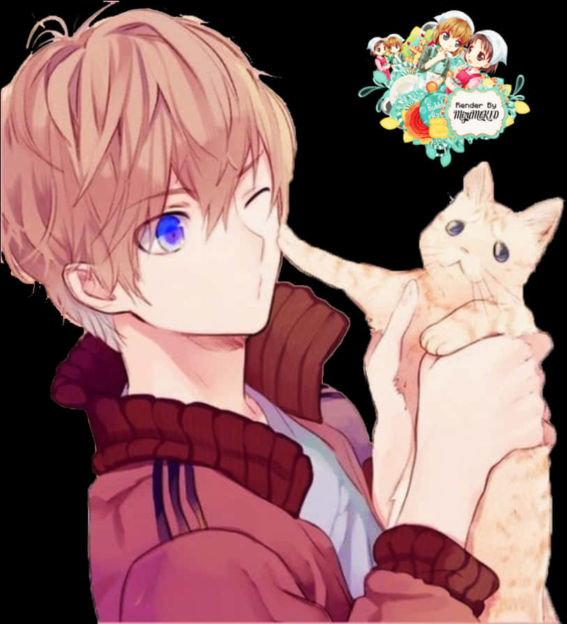 Anime Boy With Cat PNG image