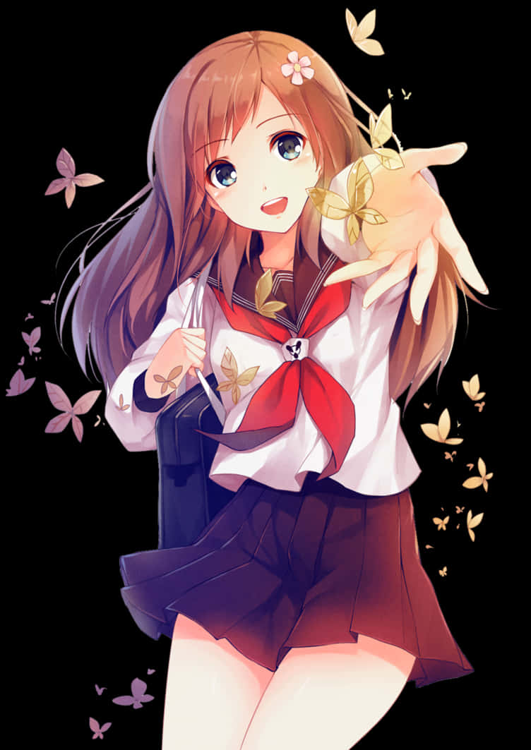 Anime Girl With Butterflyand Sakura PNG image