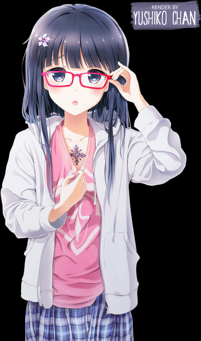 Anime Girl With Glassesand Flower Tattoo PNG image